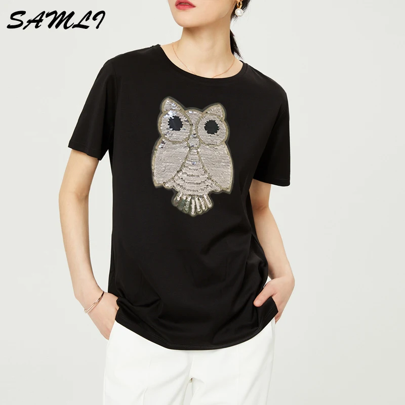 Summer Art Owl Reversible Sequin T-shirt Women Pure Cotton Solid Color Tshirt Girls Casual O-Neck Short-Sleeve Tee Tops Female
Summer Art Owl Reversible Sequin T-shirt Women Pure Cotton Solid Color Tshirt Girls Casual O-Neck Short-Sleeve Tee Tops Female