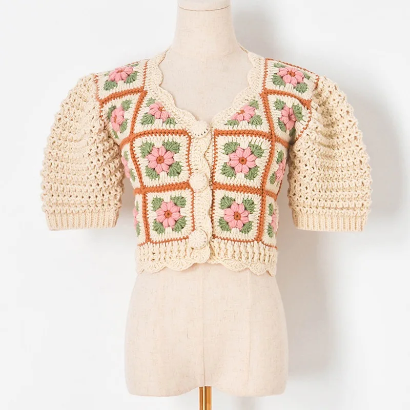 

Indie Folk Crochet Floral Cardigan Cropped Sweater 2021 Fall Women Cute Crop Top V Neck Lantern Sleeve Vintage Cardigan Knitwear