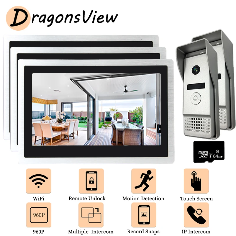 

DragonsView Smart Wifi Video Intercom Multiple System 3 Monitors 2 Doorbell With Cameras 960P