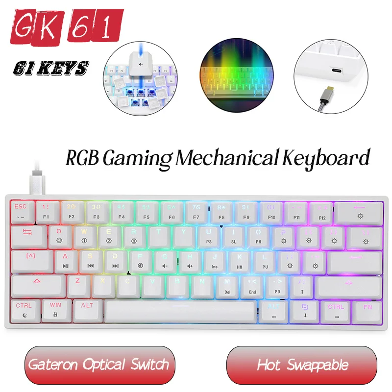Gk61, 61 key, RGB, hot pluggable gateway, optical switch, C-type cable keyboard
Gk61, 61 key, RGB, hot pluggable gateway, optical switch, C-type cable keyboard