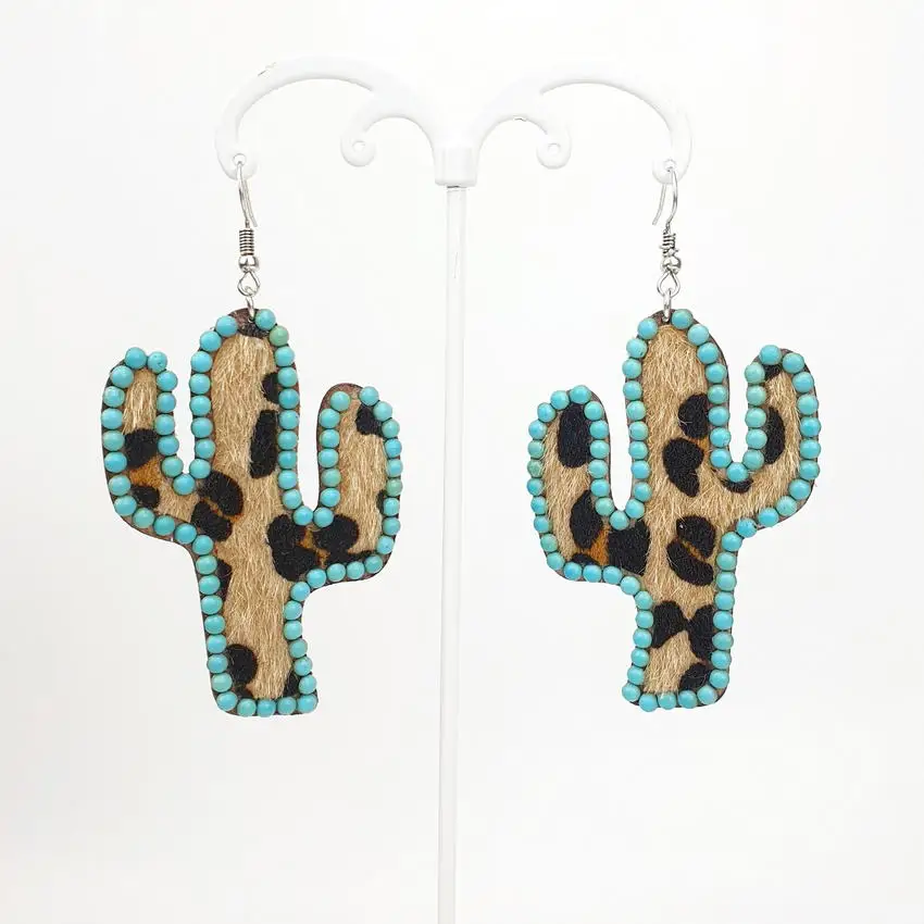 

2021 New Turquoise Beads Decorate Cheetah Print Leather Wood Desert Cactus Dangle Earrings for Women Opuntia Earrings Jewelry