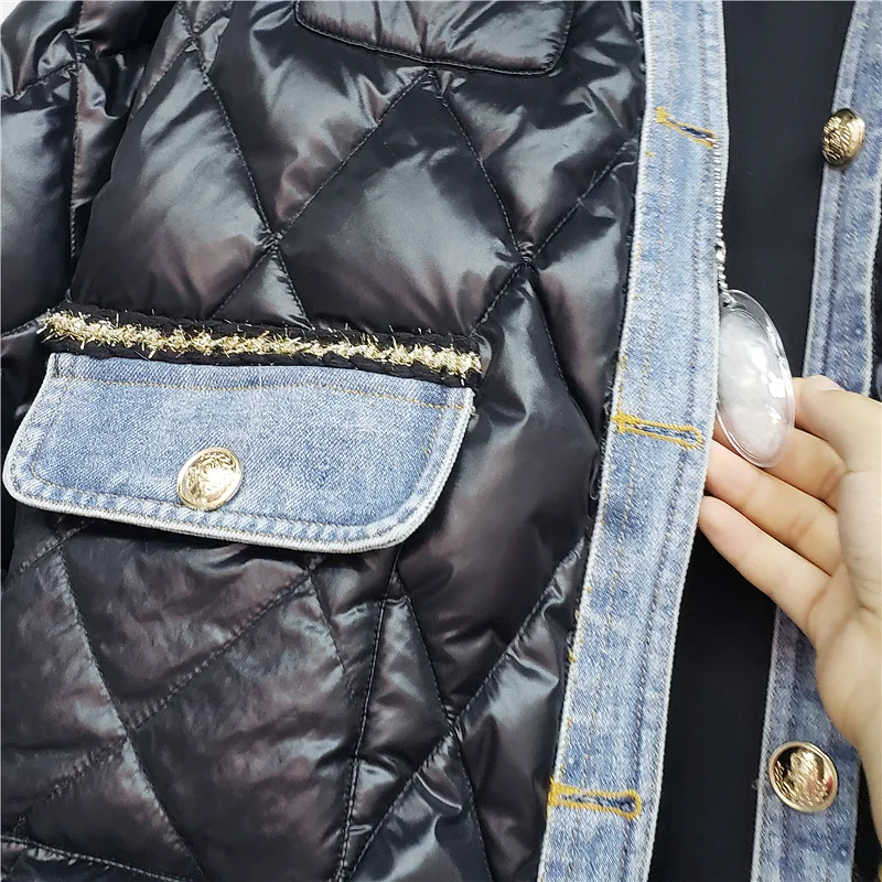 Multi-Pockets Glossy Cotton Female Jacket Patchwork Denim V-Neck Single-Breasted Loose Street Style Women Winter Warm Coats
Multi-Pockets Glossy Cotton Female Jacket Patchwork Denim V-Neck Single-Breasted Loose Street Style Women Winter Warm Coats