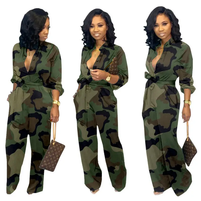 New Women Camo Printed Clubwear Playsuit Bodysuit Party Jumpsuit Romper Camouflage Strap Dungarees Harem Long Trousers Overalls