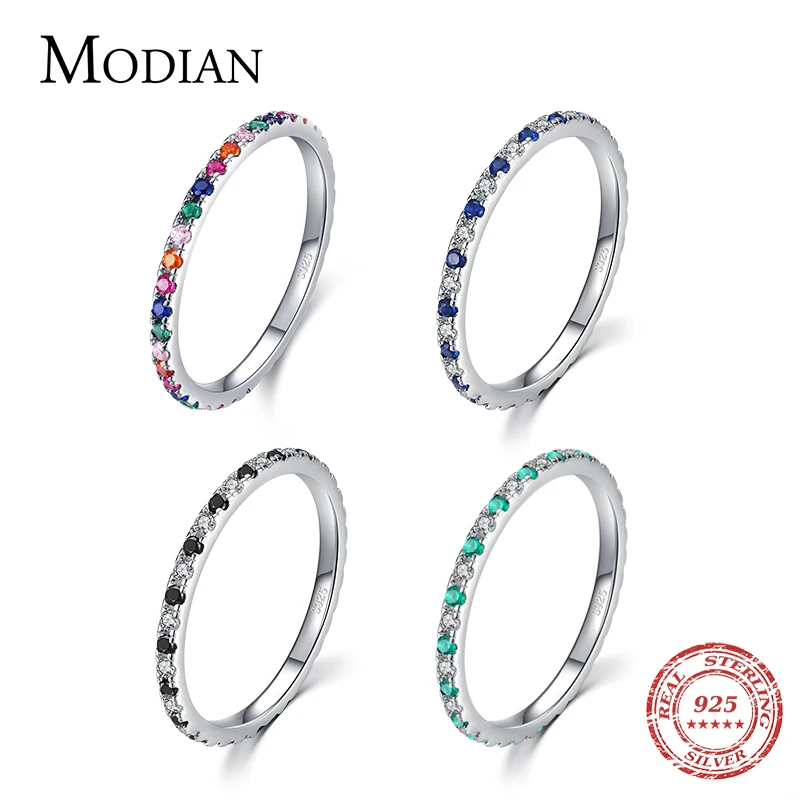 Modian Rainbow CZ кольца для женщин штабелируемые тонкие 4 цвета обручальное кольцо 925
