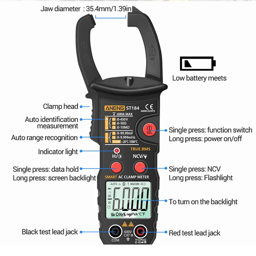 High-quality Clamp Meter Test Pen ST184 High-quality Clamp Meter Measuring Tool Voltage Ampere NCV Ohm Tester Ammeter Multimeter
High-quality Clamp Meter Test Pen ST184 High-quality Clamp Meter Measuring Tool Voltage Ampere NCV Ohm Tester Ammeter Multimeter