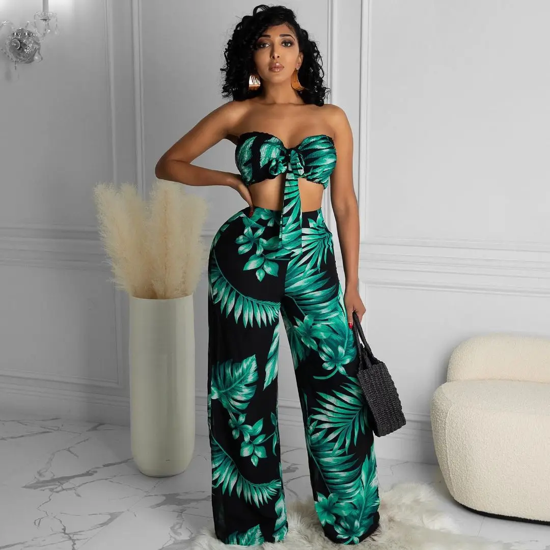 Green Leaves Print Pants Sets Office Lady Two-Piece Suits Summer High Street Bow Knot Front Bustier Crop Tops+Wide Leg Pants Set
Green Leaves Print Pants Sets Office Lady Two-Piece Suits Summer High Street Bow Knot Front Bustier Crop Tops+Wide Leg Pants Set