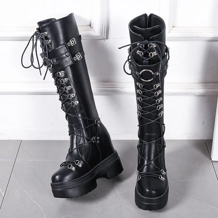 Женские ботинки в готическом стиле, черные ботинки до середины икры на платформе и высоком каблуке, 2021 
Женские ботинки в готическом стиле, черные ботинки до середины икры на платформе и высоком каблуке, 2021
