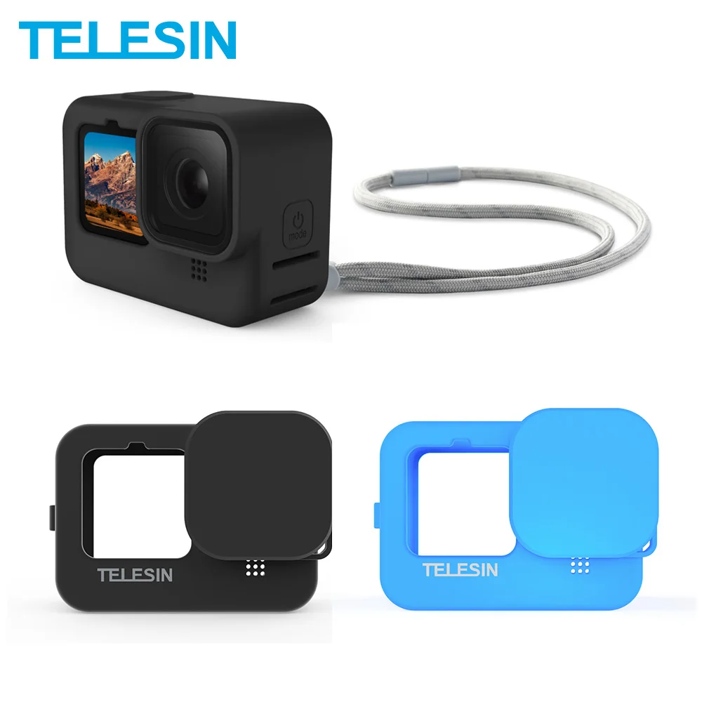 

TELESIN-funda de silicona blanda para GoPro 9, tapa de lente azul y negro, correa de mueca con mango ajustable para GoPro Hero 9