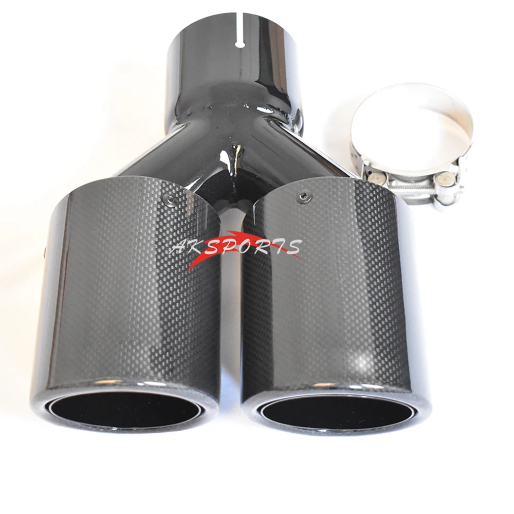 

1PC Glossy Curly Carbon Stainless Steel Universal Dual tip Equal Length Muffler Pipe End tail Middle Exhaust Tip With A Logo