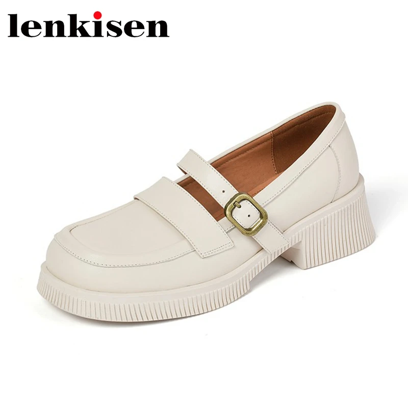 Lenkisen leather shoes thick bottom Korean girl round toe genuine leather belt buckle med heels splicing leisure women pumps l25
Lenkisen leather shoes thick bottom Korean girl round toe genuine leather belt buckle med heels splicing leisure women pumps l25