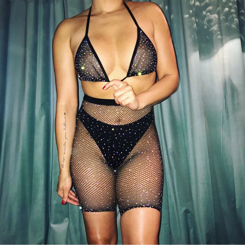 Women Mesh Rhinestone Transparent Bikini 2020 Sexy Halter Top Bras Fishnet High Waist Shorts Underwear Swimwear Summer Beachwear
Women Mesh Rhinestone Transparent Bikini 2020 Sexy Halter Top Bras Fishnet High Waist Shorts Underwear Swimwear Summer Beachwear