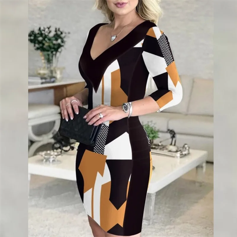 Women Geometric Print Sexy Deep V-Neck Dress Fall Winter Office Lady Mini Dress Fashion Elegant Casual Three Quarter Party Dress
Women Geometric Print Sexy Deep V-Neck Dress Fall Winter Office Lady Mini Dress Fashion Elegant Casual Three Quarter Party Dress