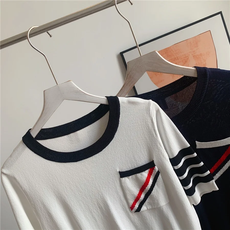 Juice Snow 2021 New Round Neck Pockets Slash Striped T-Shirt Women's TB Hedging Contrasting Color Tops Knitted Short Sleeve Tees
Juice Snow 2021 New Round Neck Pockets Slash Striped T-Shirt Women's TB Hedging Contrasting Color Tops Knitted Short Sleeve Tees