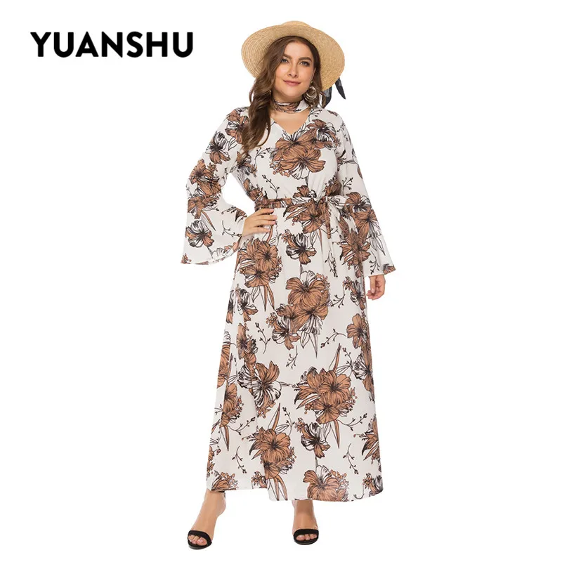YUANSHU Весна Цветочный принт размера плюс длинное платье обувь для женщин