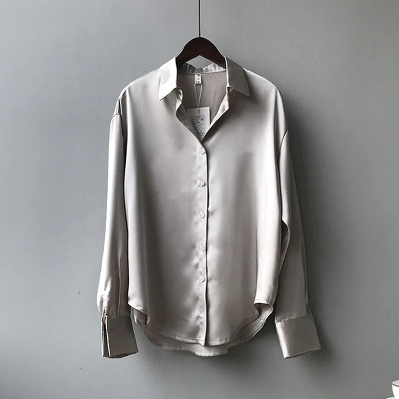 Spring Blouses Fashion Button Up Satin Silk Shirt Vintage Blouse Women White Lady Long Sleeves Female Loose Street Shirts 2021
Spring Blouses Fashion Button Up Satin Silk Shirt Vintage Blouse Women White Lady Long Sleeves Female Loose Street Shirts 2021