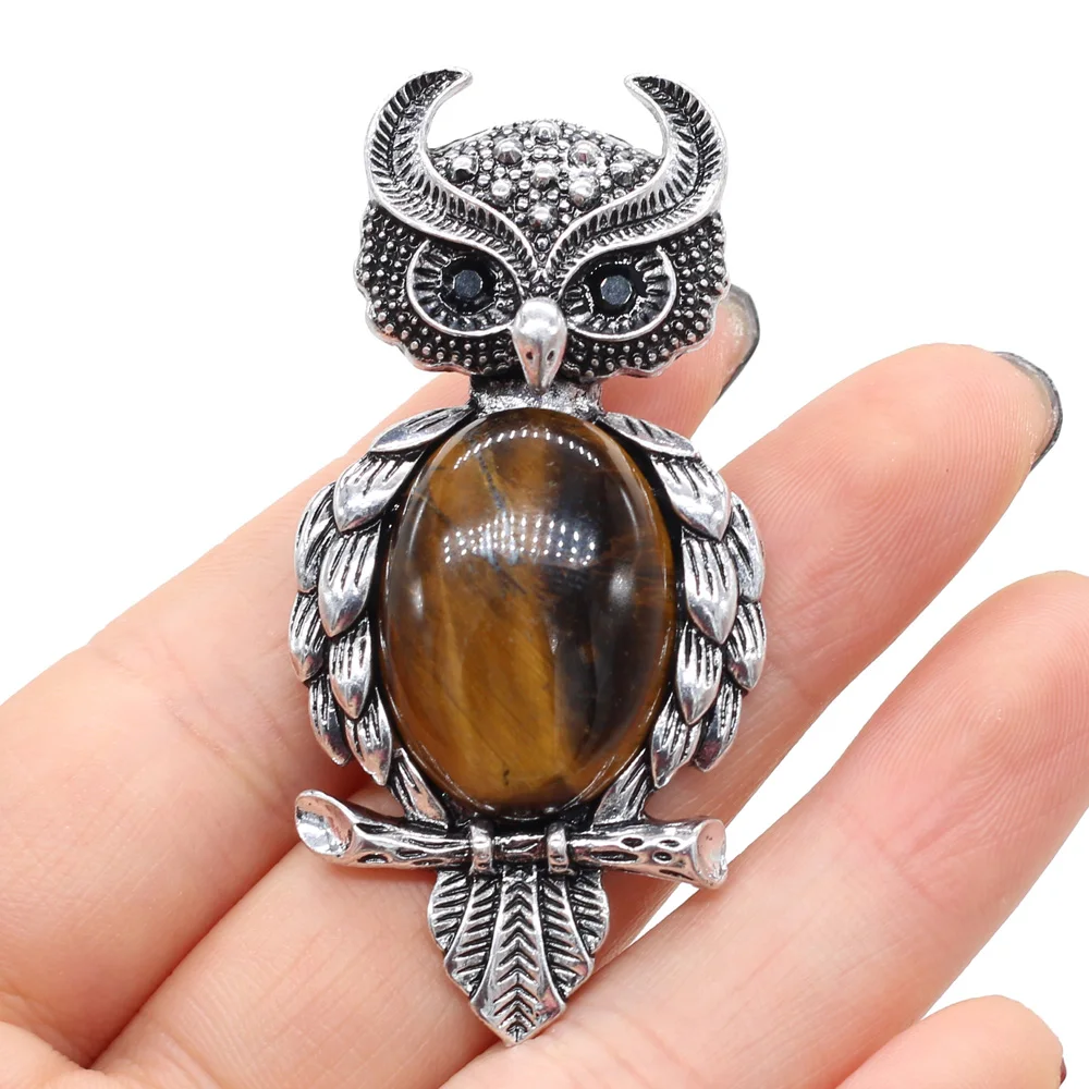 

Owl Brooches Natural Stone Agates Amethysts Malaysian Jades Pendant Pins for Women Necklace Jewelry Making Gril Gift 28x60mm