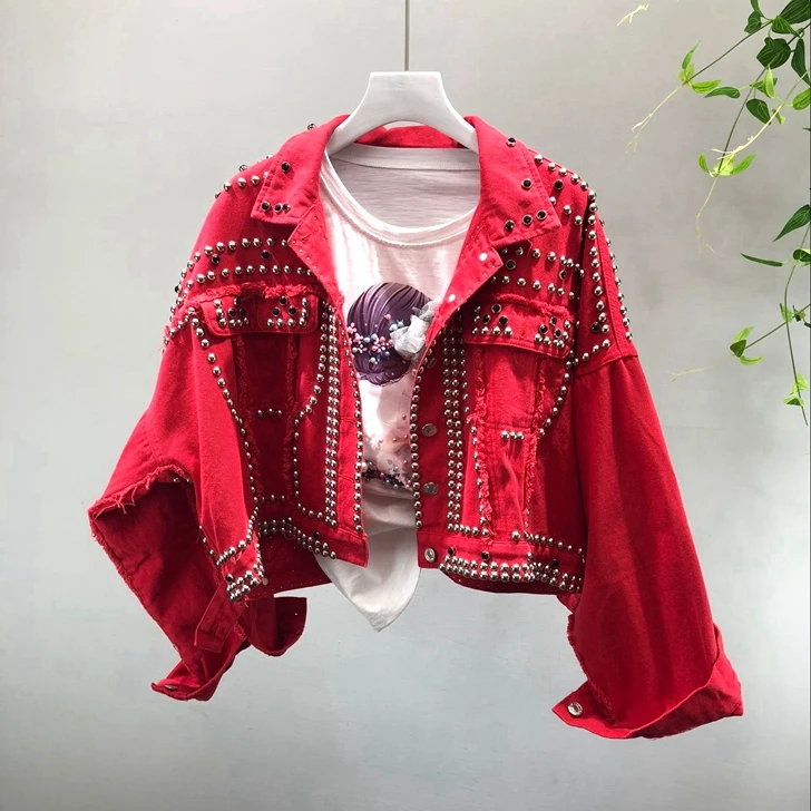 Spring Autumn Women's Harajuku Red Denim Jacket Coat Hand Beaded Rivet Short Black Jean Jackets Students Basic Coats Outfit
Spring Autumn Women's Harajuku Red Denim Jacket Coat Hand Beaded Rivet Short Black Jean Jackets Students Basic Coats Outfit