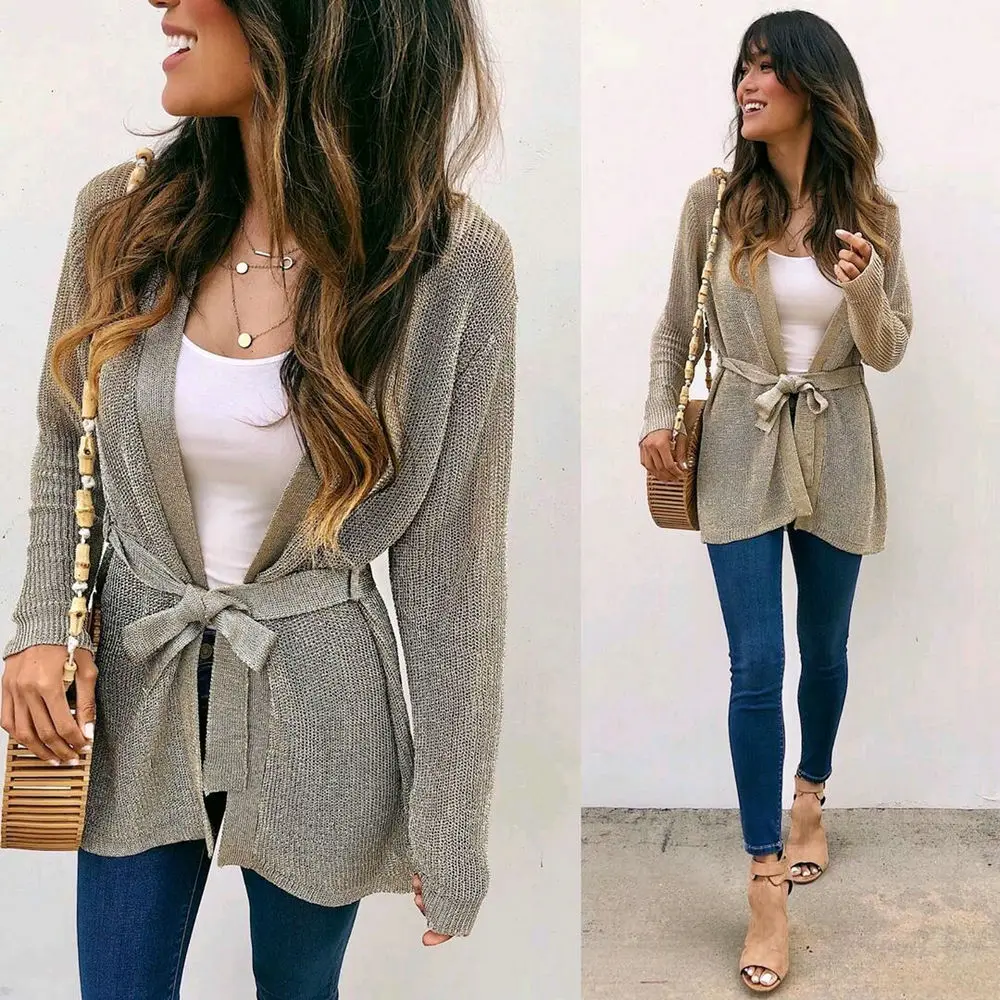 2019 New Women's Casual Long Sleeve Sashes Waist Solid Beige Cardigans Female Sweater
2019 New Women's Casual Long Sleeve Sashes Waist Solid Beige Cardigans Female Sweater