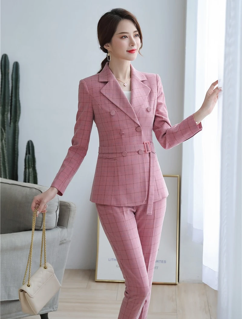 High Quality Fabric Novelty Pink Plaid Business Suits With Jackets and Pencil Pants Ladies Work Wear Blazers Pantsuits with Belt
High Quality Fabric Novelty Pink Plaid Business Suits With Jackets and Pencil Pants Ladies Work Wear Blazers Pantsuits with Belt