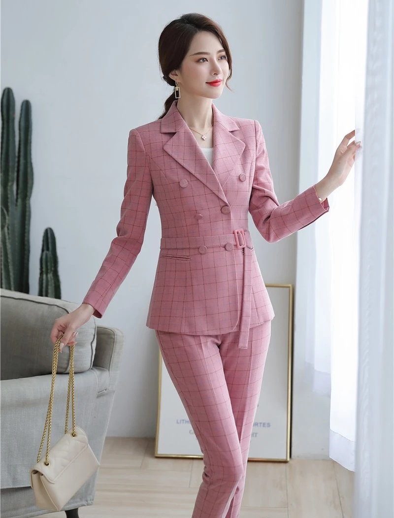 Высококачественные тканевые новые розовые клетчатые деловые костюмы с жакетом и