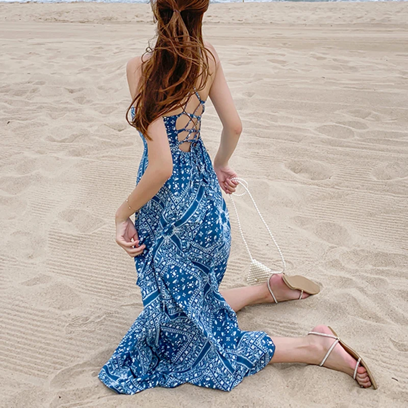 

Beach Style Summer Bohemian Dress For Women 2021 Cross Bandage Sexy Dress Female Spaghetti Strap Print Long Dresses Robe 13237