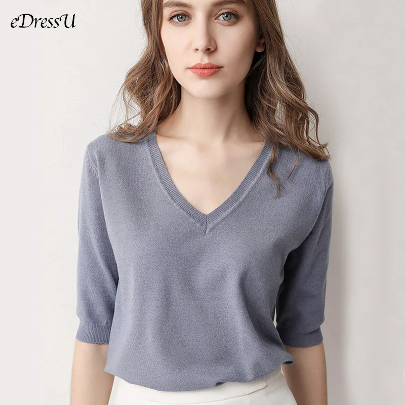 eDressU 2022 Knit T-shirt Woman V Neck Spring Summer Tees Short Sleeve Solid Knitwear Korean Casual Office Lady Jumper HW-3 
eDressU 2022 Knit T-shirt Woman V Neck Spring Summer Tees Short Sleeve Solid Knitwear Korean Casual Office Lady Jumper HW-3