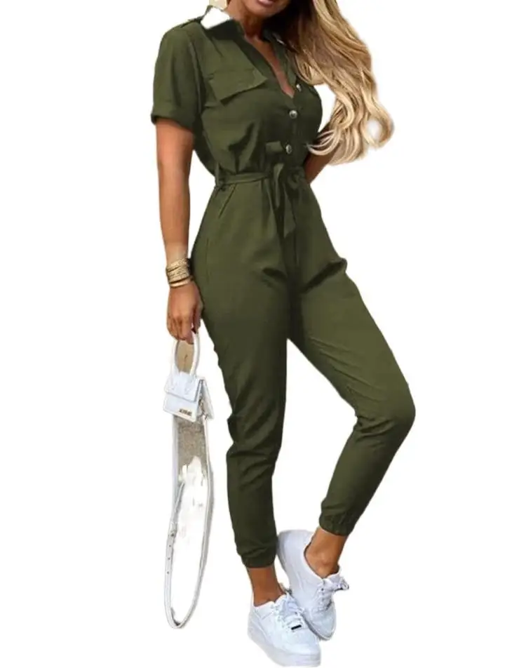 Korte Mouw Dames Casual Pockets Lace Up Solid Jumpsuit Diepe V-hals Button Shirt Overalls Korte Mouwen Office Lady Romper riem 
Korte Mouw Dames Casual Pockets Lace Up Solid Jumpsuit Diepe V-hals Button Shirt Overalls Korte Mouwen Office Lady Romper riem