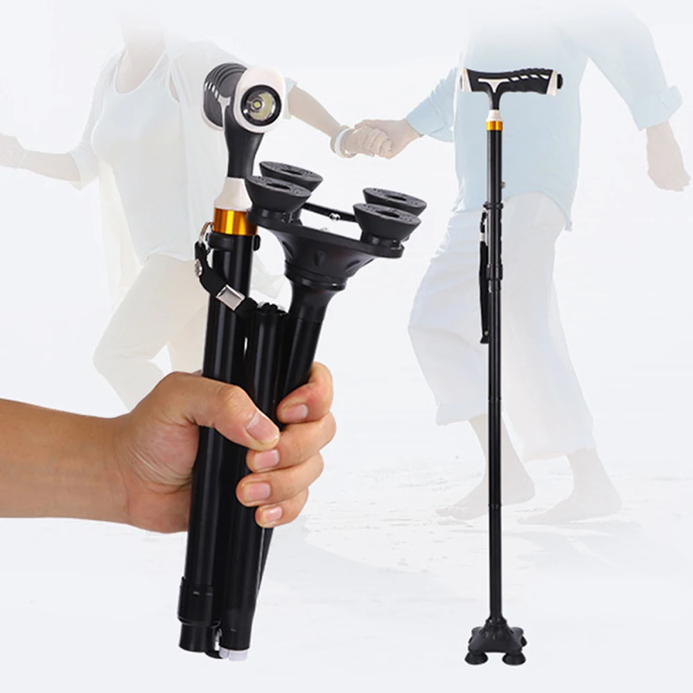LED Light Folding Walking Stick Trekking T-handle Collapsible Telescopic Hiking Cane Four-legged With Lamp Non-slip Safe | Спорт и