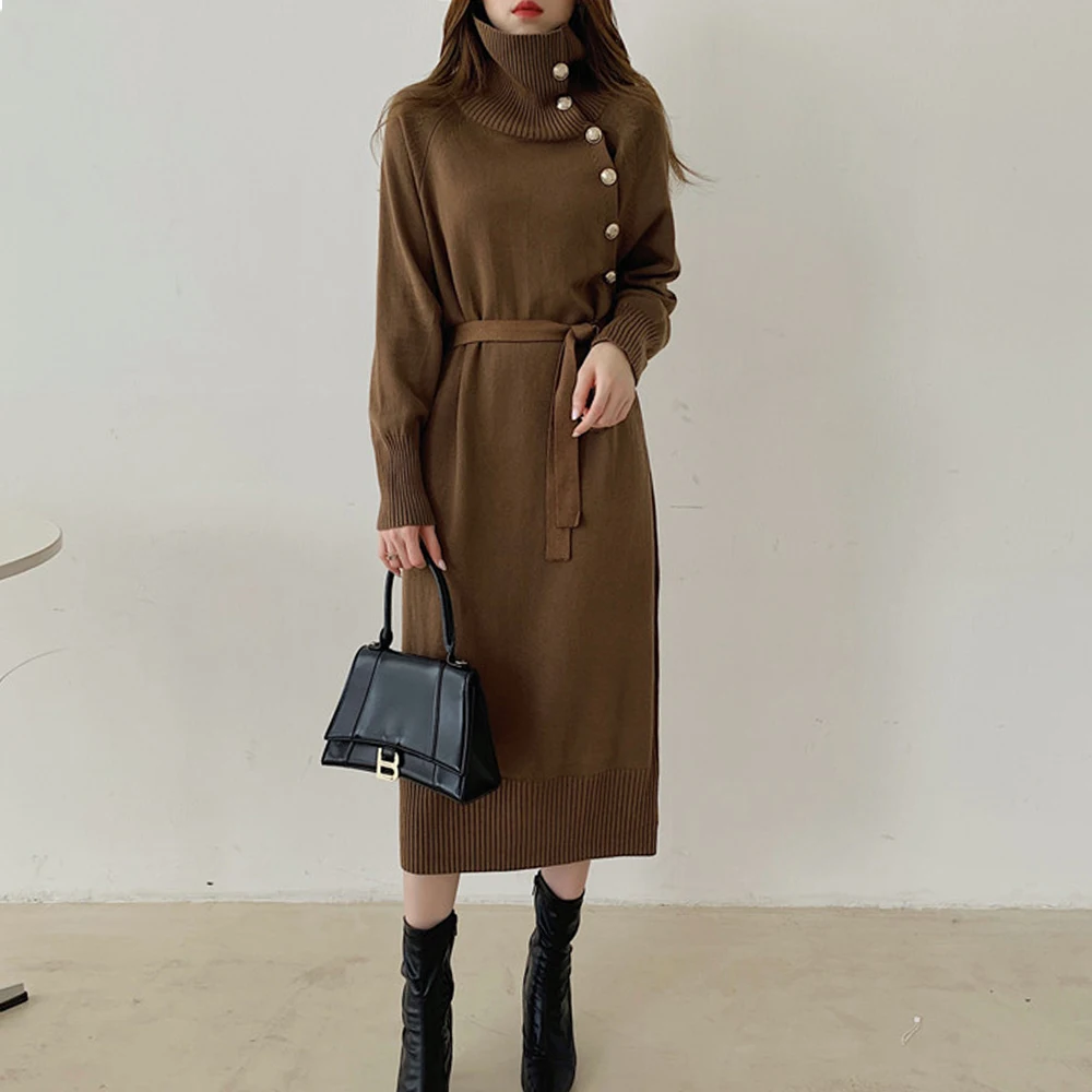 Dresses For Women 2021 Elegant New Turtleneck Buttons Sweater Dress Temperament Knitting Mid-length Slim Office Lady Vestidos
Dresses For Women 2021 Elegant New Turtleneck Buttons Sweater Dress Temperament Knitting Mid-length Slim Office Lady Vestidos