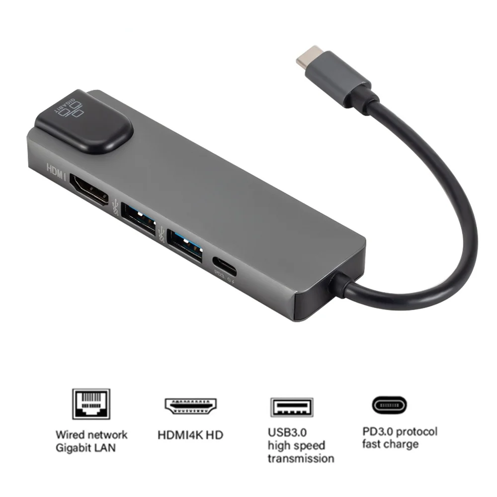 

USB C-концентратор 4K для Gigabit Ethernet Rj45 Lan, адаптер 5 в 1 для Mac book Pro Thunderbolt 3, зарядное устройство USB-C PD