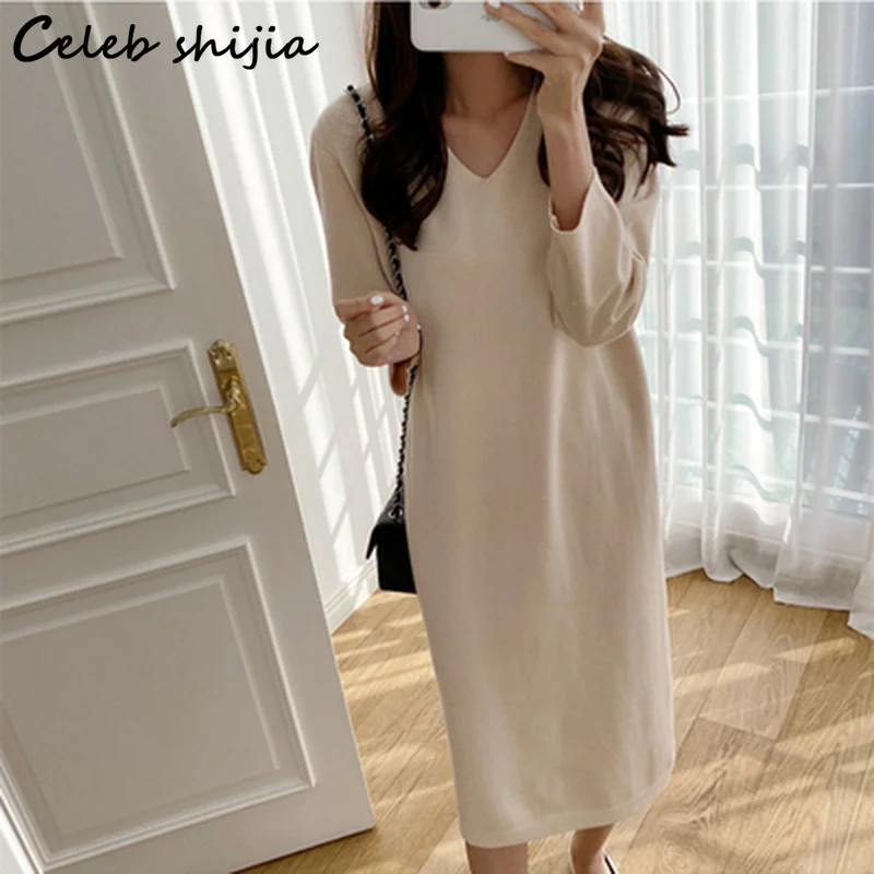 Chic V-neck Cashmere Sweater Dress for Women Autumn Winter Elegant Loose Long Wool Dress Bodycon Apricot Knitted Clothing
Chic V-neck Cashmere Sweater Dress for Women Autumn Winter Elegant Loose Long Wool Dress Bodycon Apricot Knitted Clothing