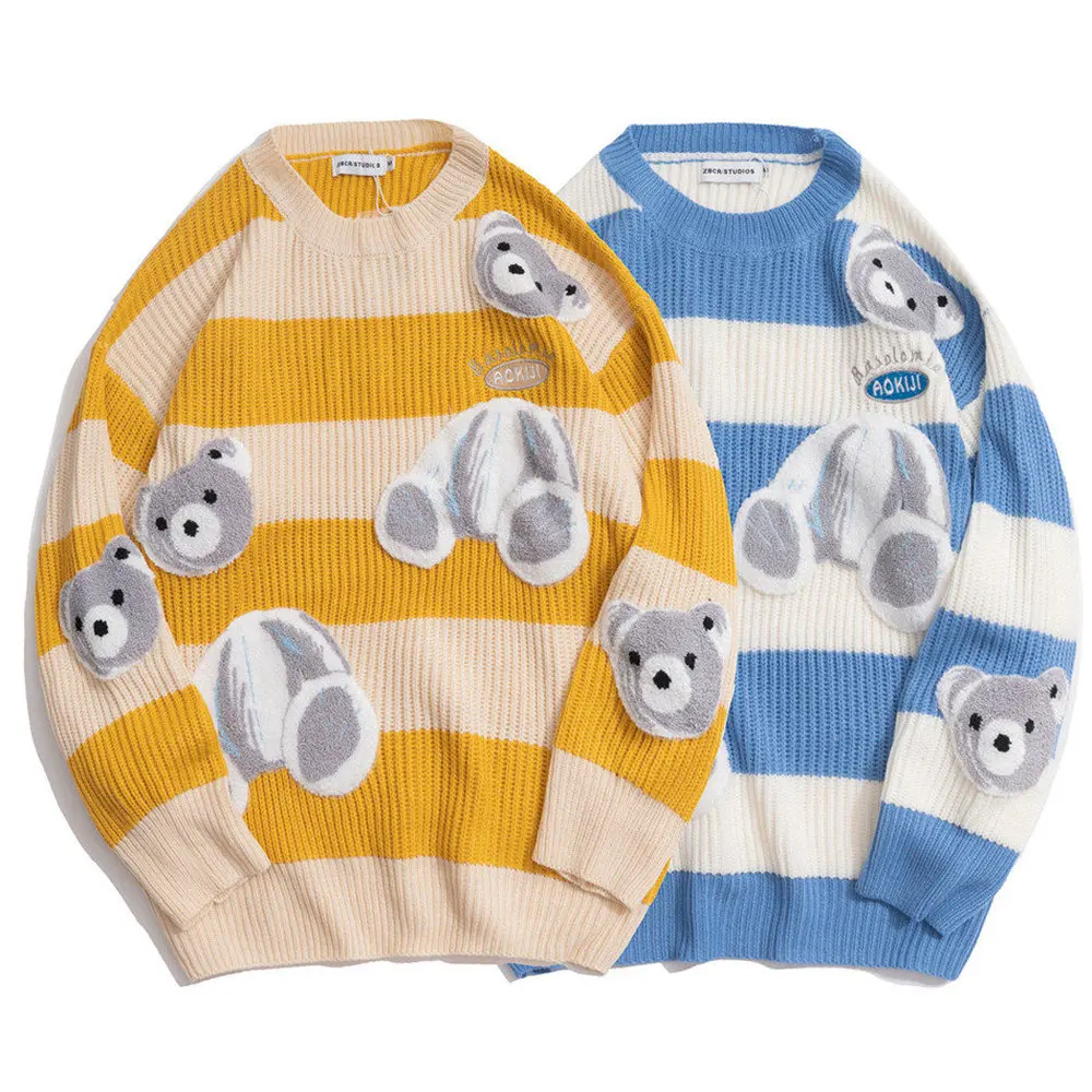 Вязаный свитер с аппликацией медведей, мужские и женские полосатые пуловеры оверсайз, зимние свободные длинные свитера, уличная одежда 
Вязаный свитер с аппликацией медведей, мужские и женские полосатые пуловеры оверсайз, зимние свободные длинные свитера, уличная одежда