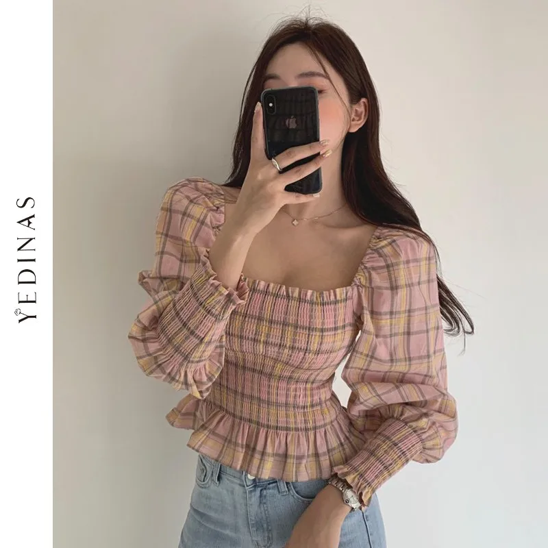 Yedinas Women Sweet Fashion Plaid Cropped Blouses Vintage Pull Long Sleeves Female Shirts Korean Style Square Neck Chic Tops
Yedinas Women Sweet Fashion Plaid Cropped Blouses Vintage Pull Long Sleeves Female Shirts Korean Style Square Neck Chic Tops