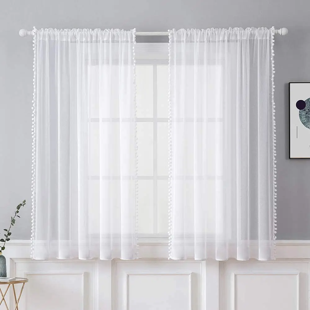 

Curtains Panels Window Screening Gauze Tulle Drape Sheer Ball Pompom Voile Valance Bedroom Curtains for Living Room Decoration