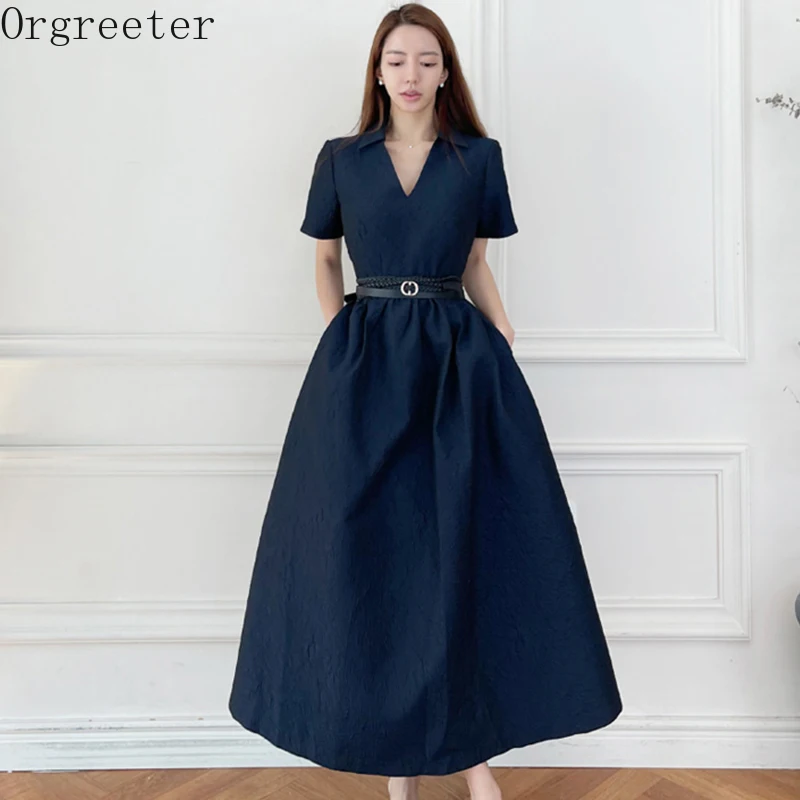 New Fashion 2021Summer Casual Simple Classic Navy Blue V-neck Short Sleeve Long Dress Female Big Swing with Belt Vintage Vestido
New Fashion 2021Summer Casual Simple Classic Navy Blue V-neck Short Sleeve Long Dress Female Big Swing with Belt Vintage Vestido