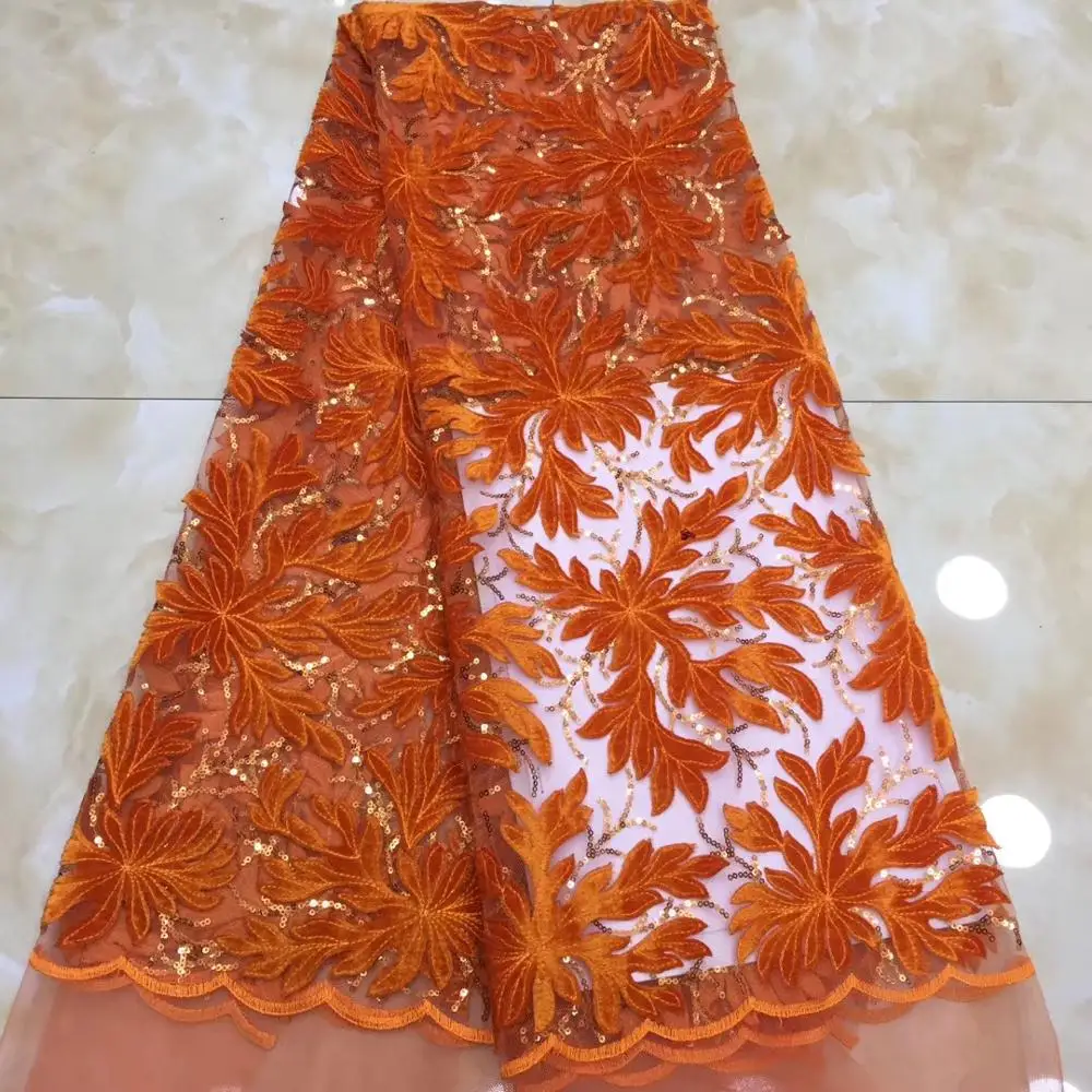 Оранжевая кружевная ткань с пайетками уникальное Африканское бархатное кружево