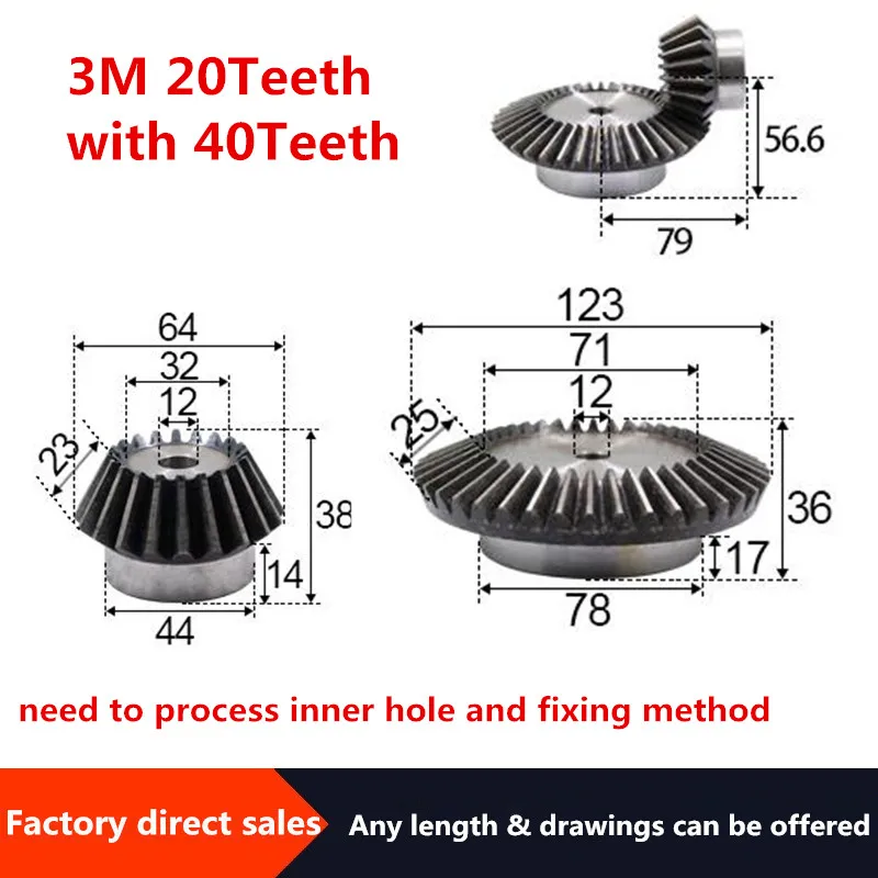 

2 шт. 1:2 коническая шестерня 3 модуля 20 зубьев + 40 зубьев внутреннее отверстие 12 мм 90 градусов привод коммутационная стальная шестерня s винт M5