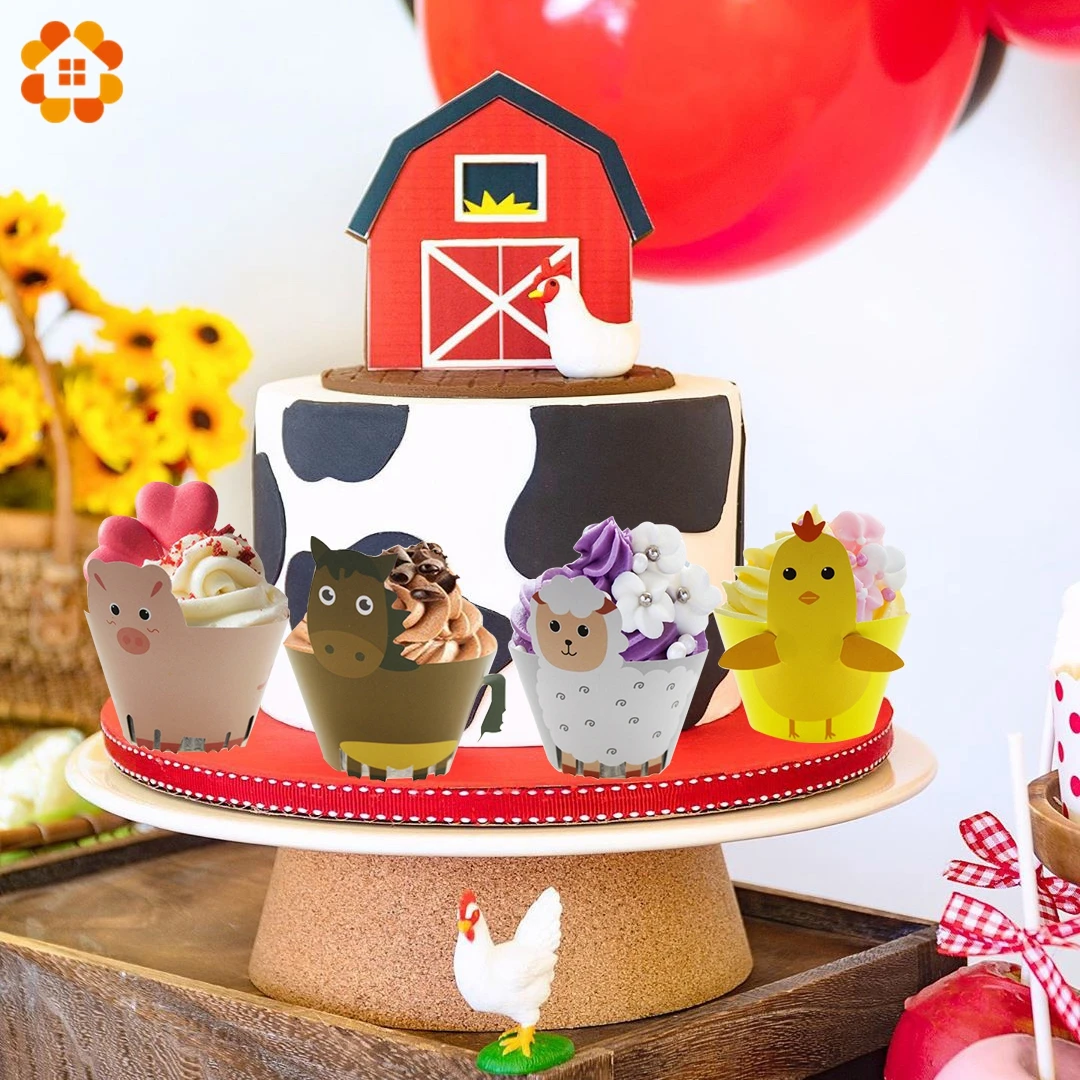 

12Pcs Kids Birthday Party Decoration Farmer Farm Party Cupcake Wrappers Farm Animals Chicken Horse Sheep Pig Cake Topper For