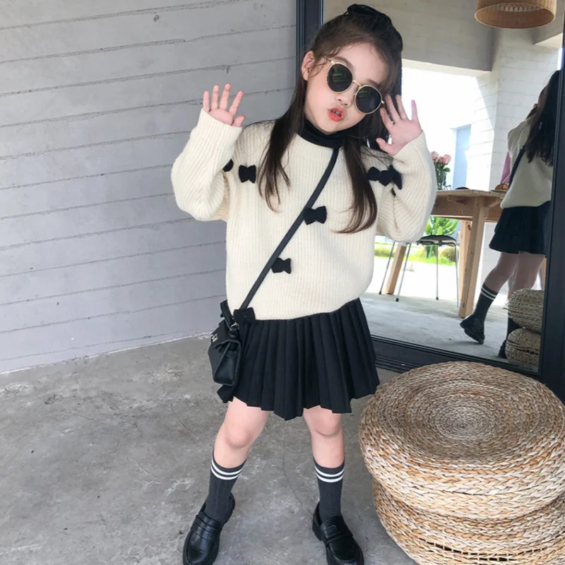

Girls Sweater Baby's Coat Outwear 2021 Bow Thicken Warm Winter Autumn Knitting Scoop Pullover Christmas Gift Children's Clothing