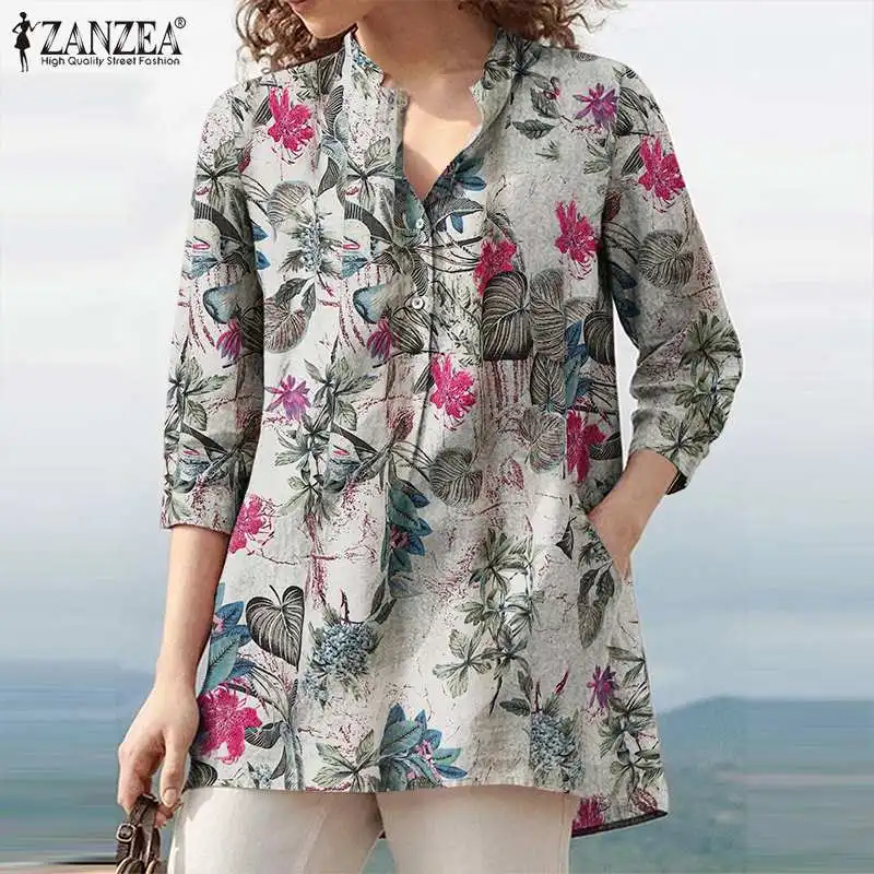 

Kaftan Summer Tops Women's Printed Blouses ZANZEA 2023 Casual 3/4 Sleeve Blusa Female Button V Neck Tunic Cotton Floral Chemise