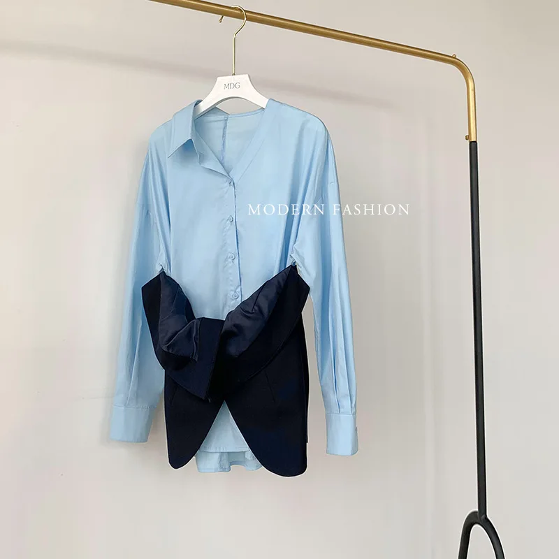 Women Casual Blue and Black Stitching Fake Two Pieces Shirts Women's 2021 Early Spring New Long Sleeve Blouse Top
Women Casual Blue and Black Stitching Fake Two Pieces Shirts Women's 2021 Early Spring New Long Sleeve Blouse Top