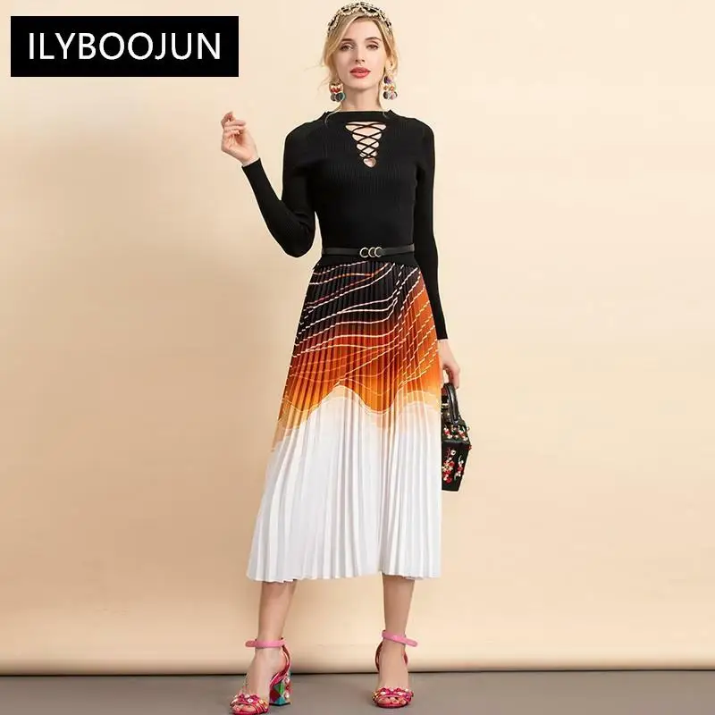 Autumn Fashion Runway Knitted Dress Women Long Sleeve patchwork Printing Belted Pleated sweater Elegant Dress
Autumn Fashion Runway Knitted Dress Women Long Sleeve patchwork Printing Belted Pleated sweater Elegant Dress