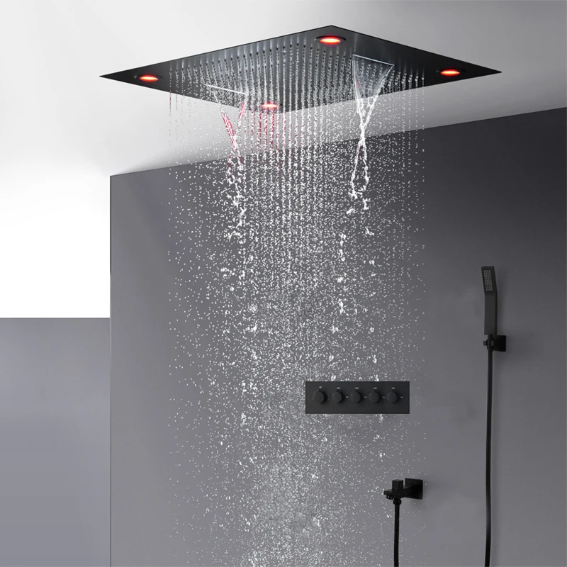 

Modern Black Shower Set Concealed Ceiling Large LED ShowerHead Panel 600*800MM Rainfall Waterfall Thermostatic Mixer Faucets