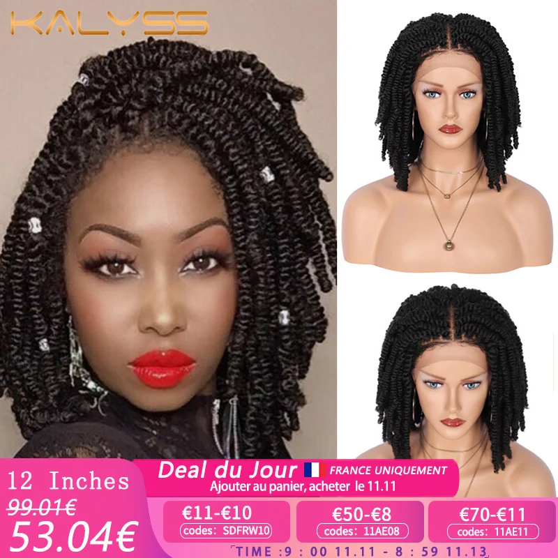 

Kalyss 12" Knotless Braided Synthetic Wigs with Baby Hairs 4X4 Lace Front Short Black Spring Twist Braids Wig for Black Women