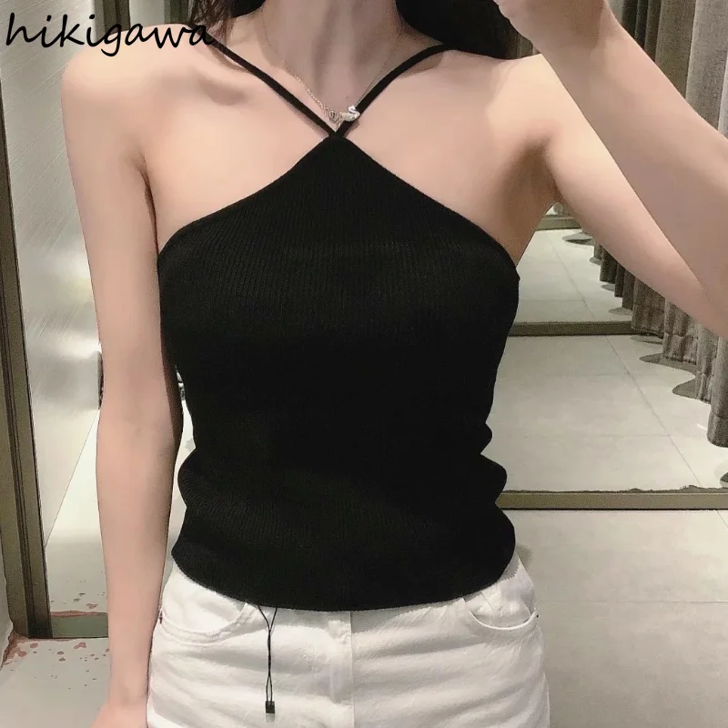 

Hikigawa Tank 2021 Summer New Fashion Slim Stretchy Halter Knitted Camis Solid Slash Neck Sleeveless Black Camisole Top Female