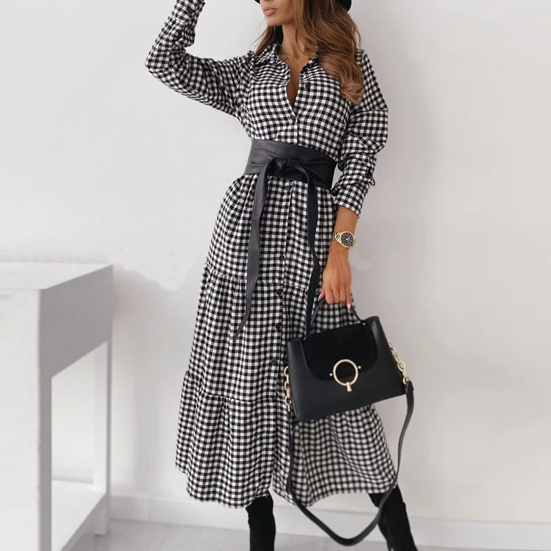 Women Classic Plaid Printing Lace Up Midi Dress Office Lady Turndown Collar Full Sleeve Button Dress Elegant Sashes Ruffle Dress
Women Classic Plaid Printing Lace Up Midi Dress Office Lady Turndown Collar Full Sleeve Button Dress Elegant Sashes Ruffle Dress