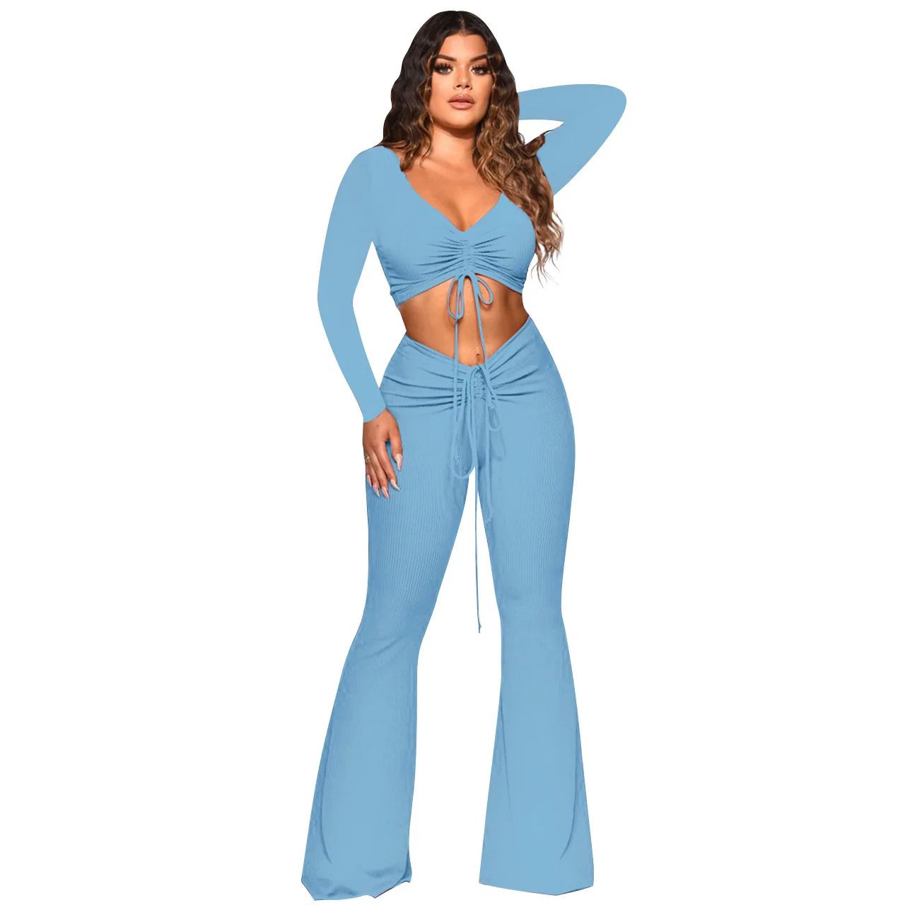 2021 Autumn Women Kint Ribbed Two Piece Set Full Sleeve Shirt And Long Flare Pants Solid Color Streetwear Tracksuit Sporty 
2021 Autumn Women Kint Ribbed Two Piece Set Full Sleeve Shirt And Long Flare Pants Solid Color Streetwear Tracksuit Sporty