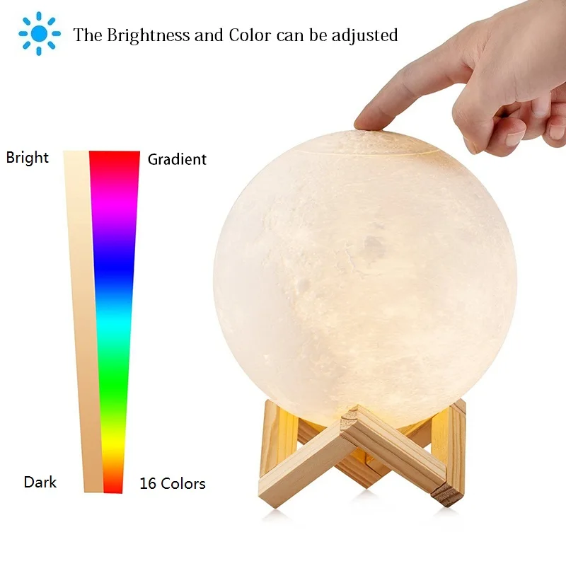 3D Printed Moon Lamp 16 Colors Touch Control USB Rechargerable Lunar Light INdoor Lighting Home Decor with Wooden Stand
3D Printed Moon Lamp 16 Colors Touch Control USB Rechargerable Lunar Light INdoor Lighting Home Decor with Wooden Stand