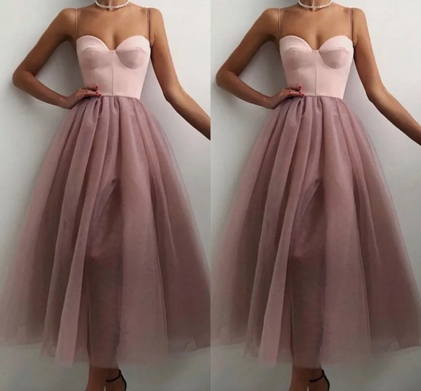 

Robe De Soriee New Dusty Pink Short Evening Dresses Sexy Spaghetti Straps Satin And Tulle Ankle Length Prom Party Gowns