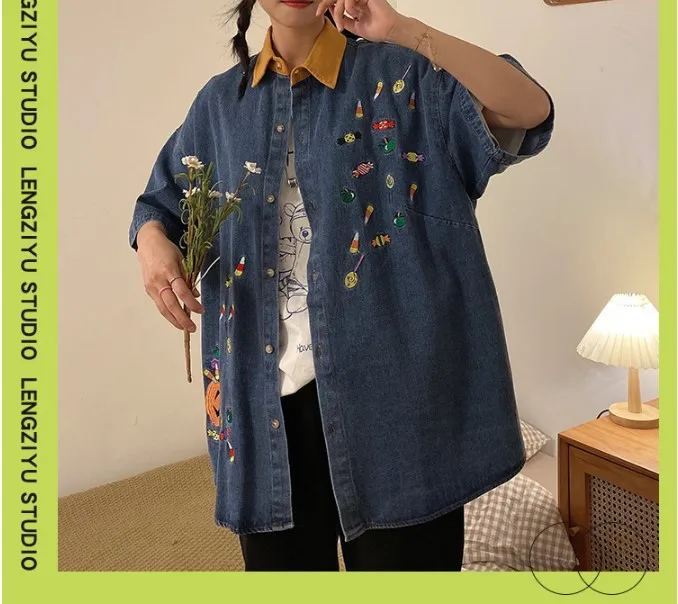 Oversize Harajuku Japanese Style Blouse Casual Women Blouses Denim Embroidery Cartoon Woman Blouse Loose Spliced Shirts SY180
Oversize Harajuku Japanese Style Blouse Casual Women Blouses Denim Embroidery Cartoon Woman Blouse Loose Spliced Shirts SY180